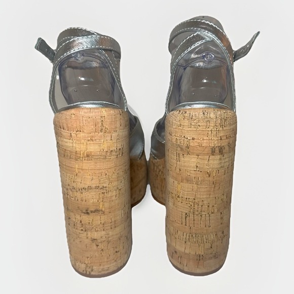 SCHUTZ Pattie Metallic Silver Leather Platform Cork Heel Chunky Sandal 10 - Picture 3 of 13